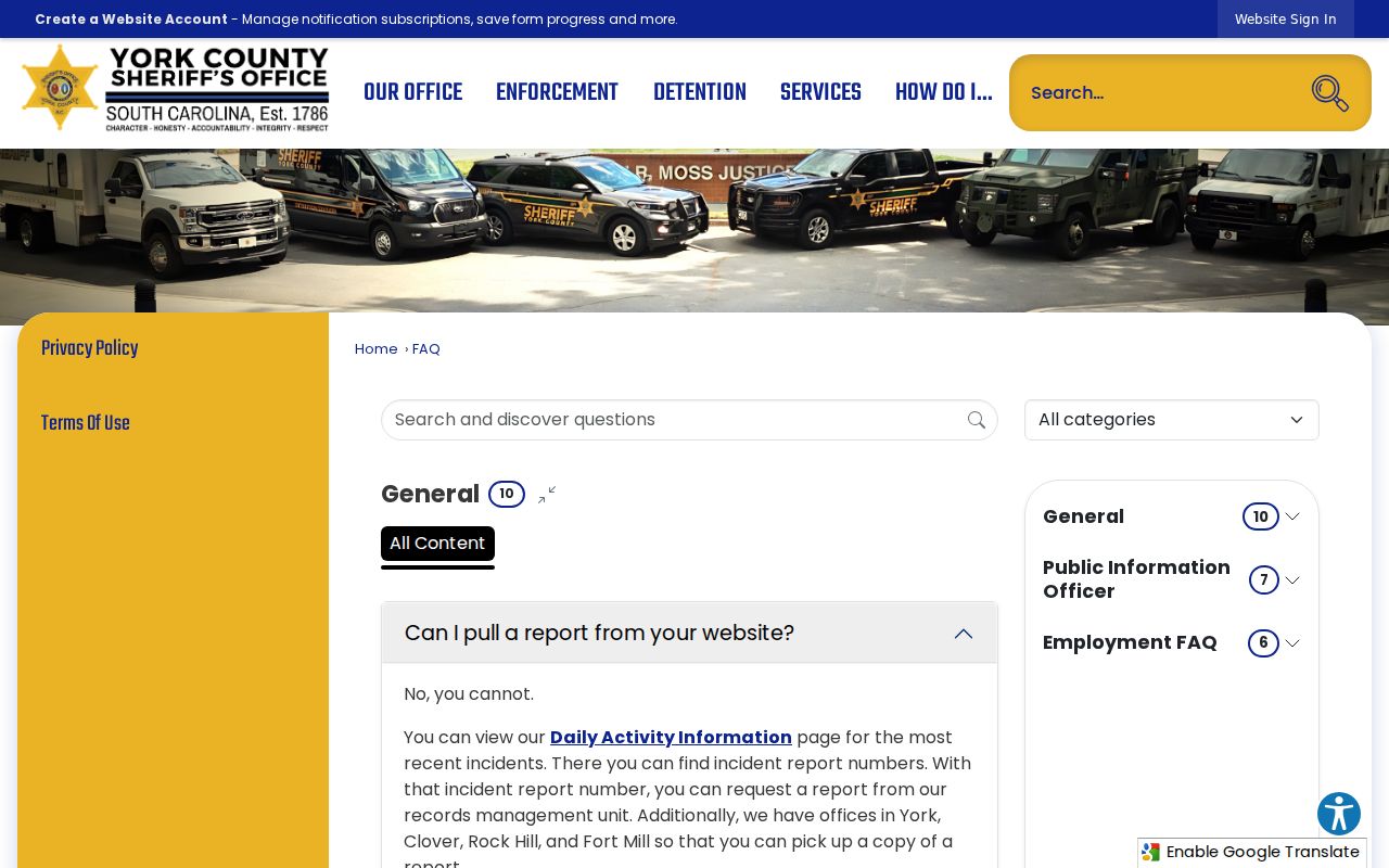 York County Sheriff's FAQ panels on warrant copies after service and court dates
