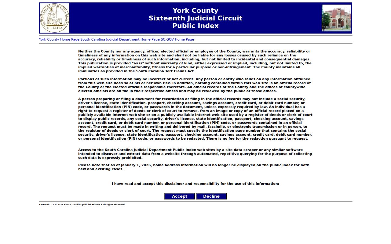 York County warrant search reference showing the South Carolina Public Index search interface