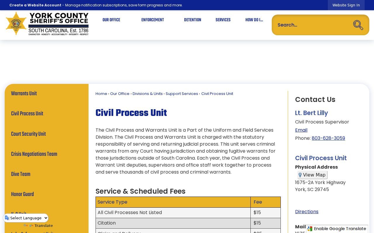 York County Civil Process and Warrants Unit address, service role, and fee information