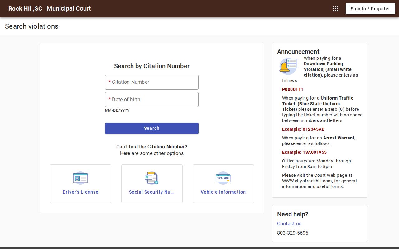York County traffic warrant reference showing Rock Hill municipal citation search fields