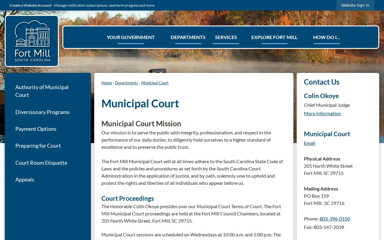 Fort Mill warrant reference showing the municipal court's Wednesday session and contact information