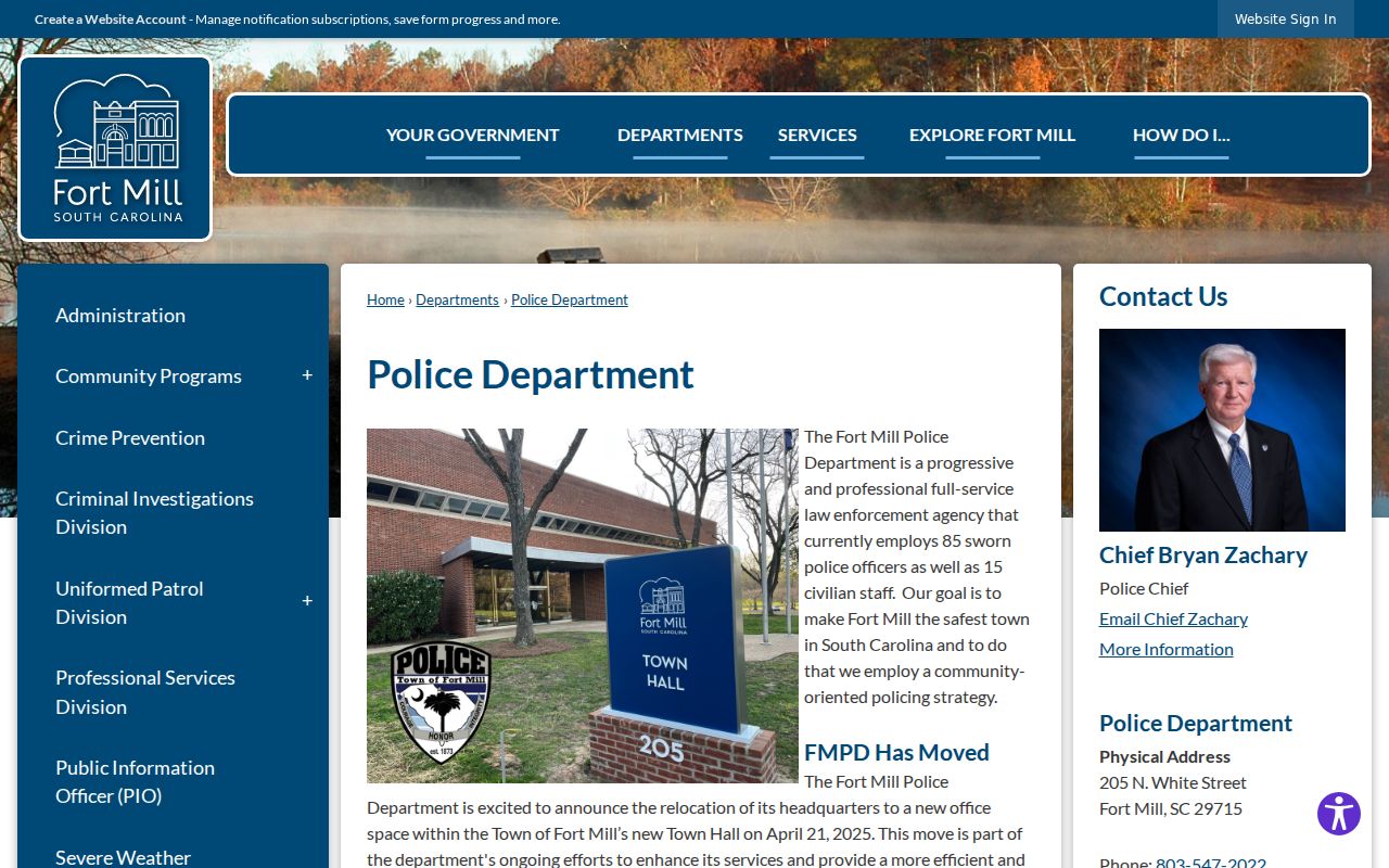 Fort Mill warrant contact reference showing the police department's new Town Hall location