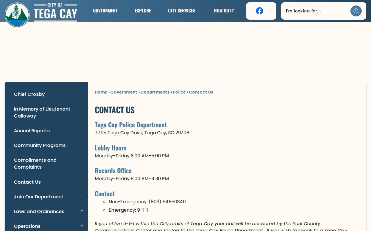 Tega Cay warrant contact reference showing Police Department lobby and records hours