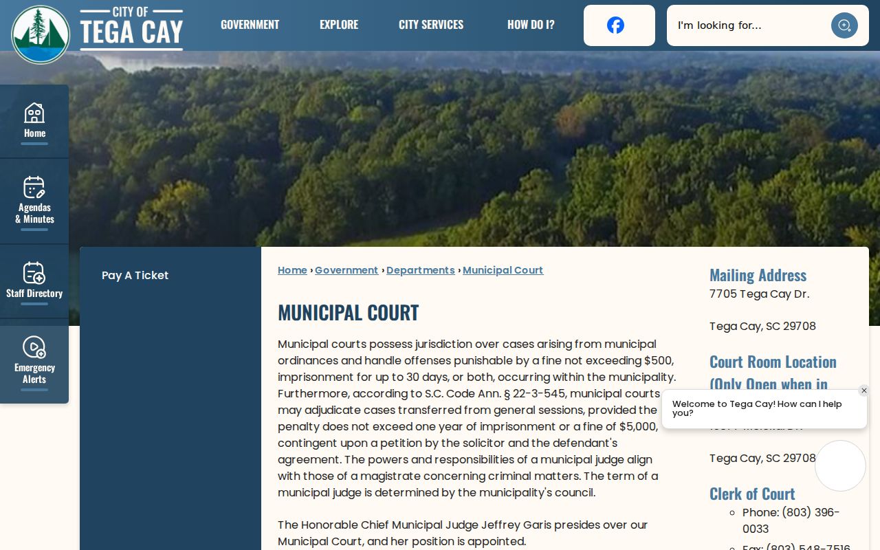 Tega Cay Municipal Court warrant warning, payment options, and no-cash instruction