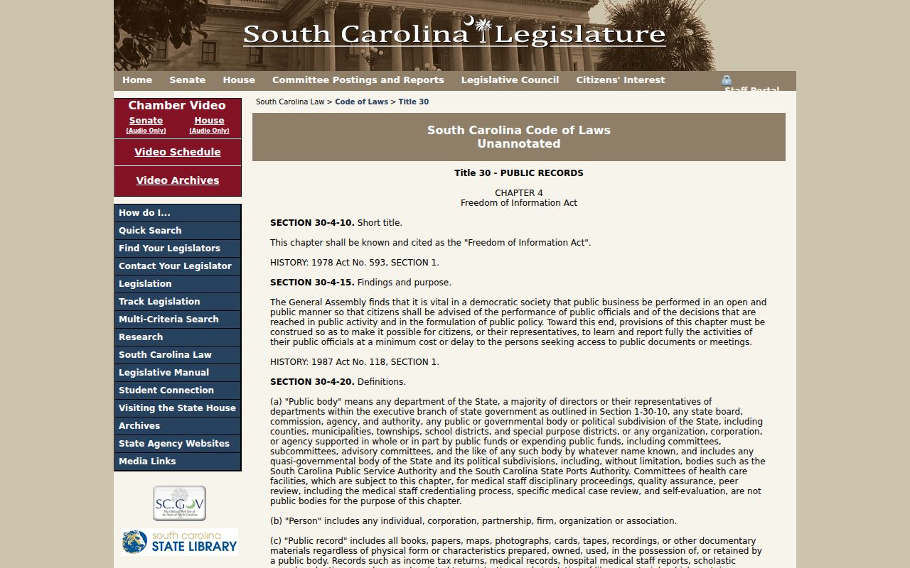 South Carolina FOIA statute sections on public access, fees, and exemptions