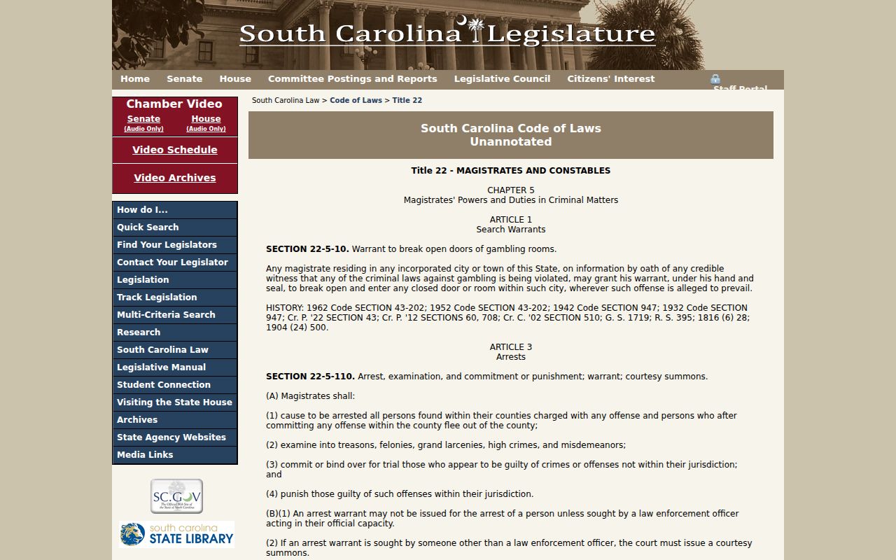 York County bench warrant legal reference showing South Carolina's statutory warrant and courtesy summons material