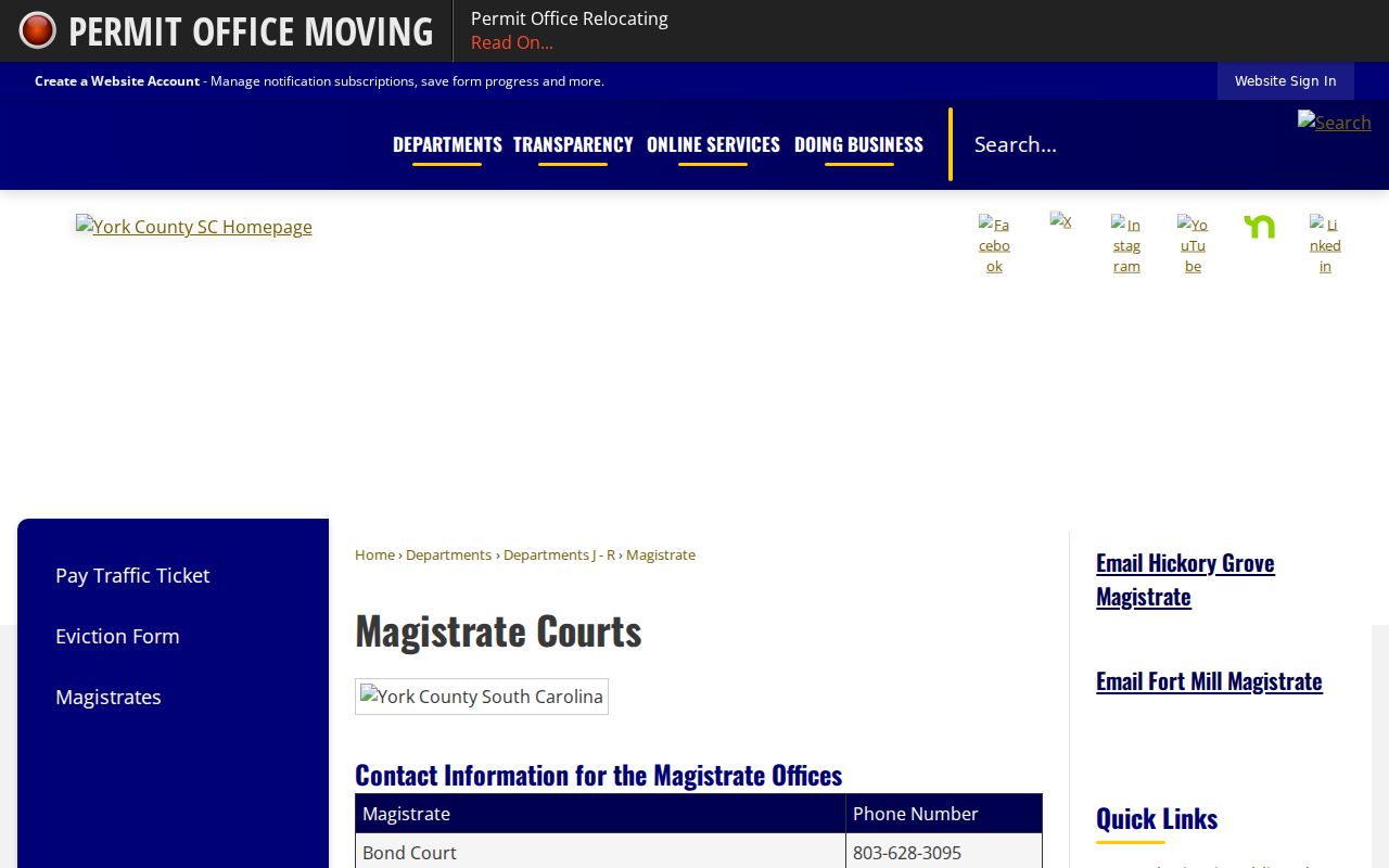 York County township magistrate and Bond Court contact table