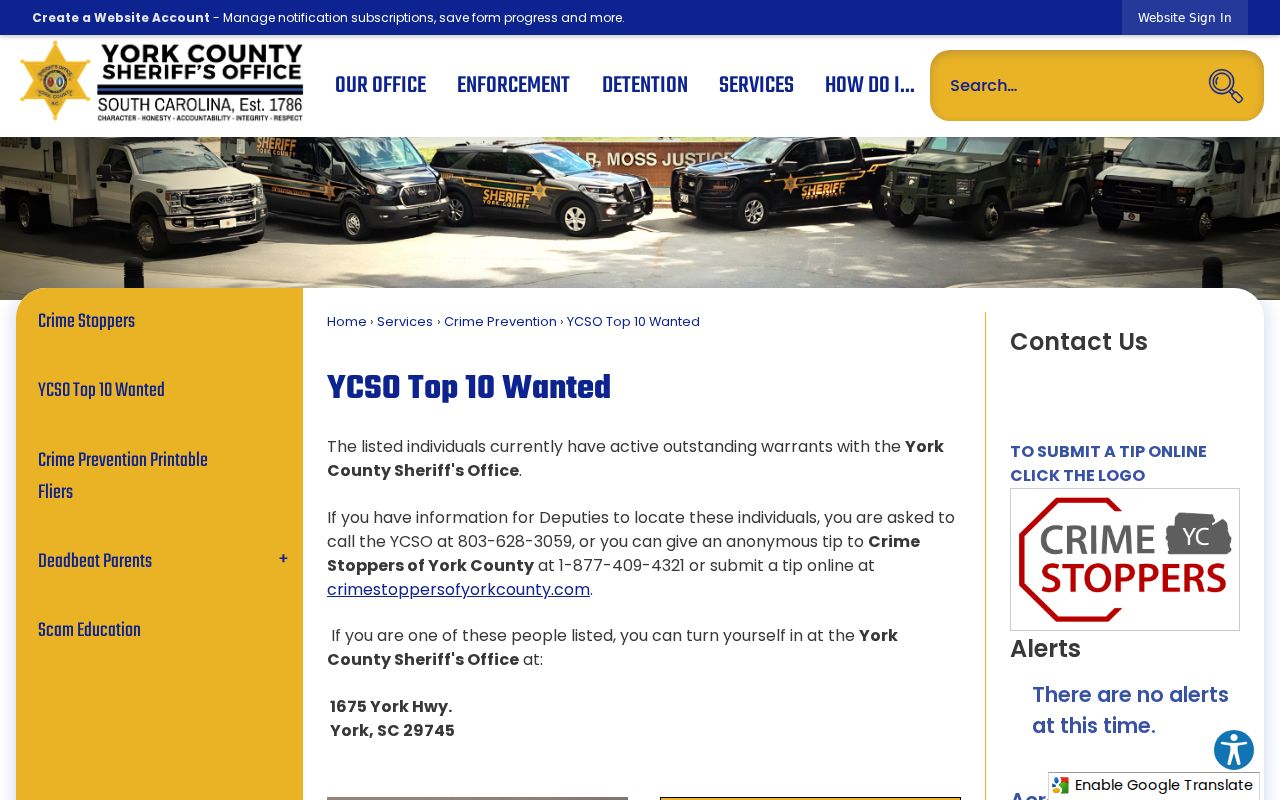 York County Top 10 Wanted program heading and disclaimer, without roster entries