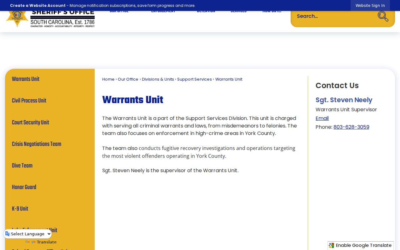 York County arrest warrant reference showing the Sheriff's Warrants Unit contact page